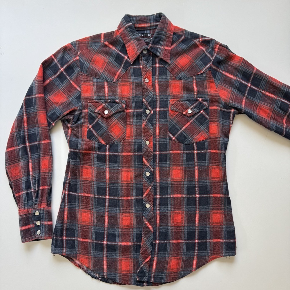 BJ-R VTG Pearl Snap Western Long Sleeve‎ Shirt Small 14-14.5 Red Plaid Long Tail